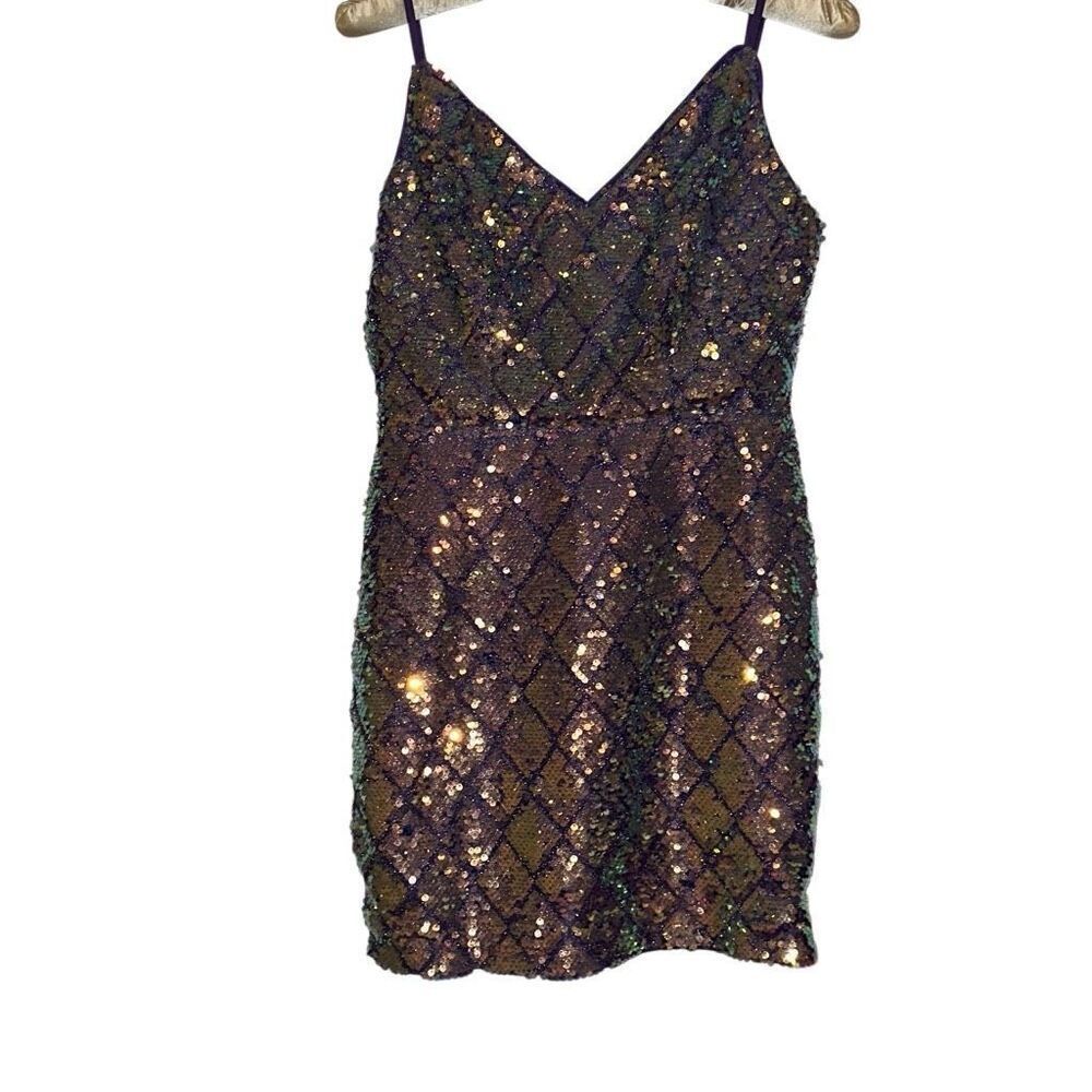 Faeriesty Purple Spaghetti Strap Sequin Bodycon Party Mini Dress Ladies Small